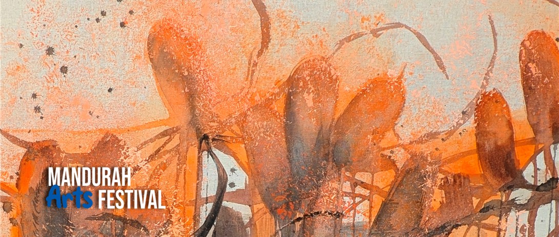 a botanical painting of abstract banksia shapes in fluorescent orange, grey and black, 